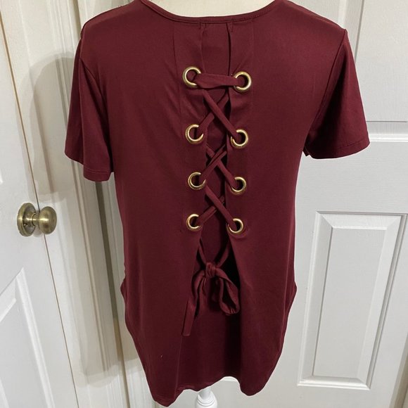 S/P J For Justify Roll Cuff Tee Shirt Top Soft Stretch Lace-Up Back Maroon - Picture 1 of 8